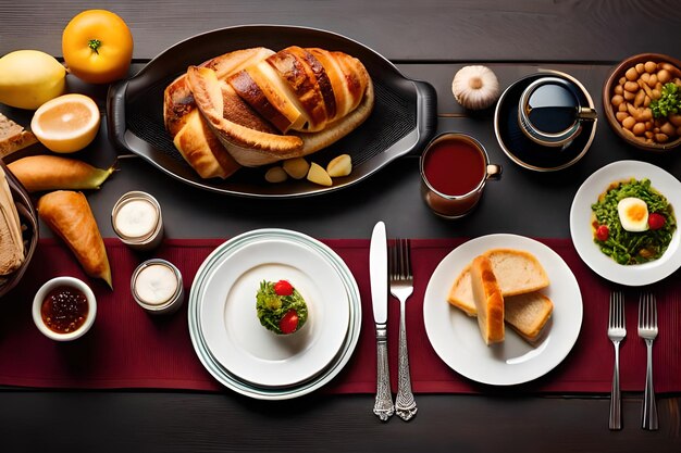 A table with food and a plate of bread and a knife and fork