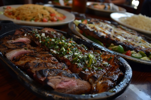 a table with food and a plate of food on it