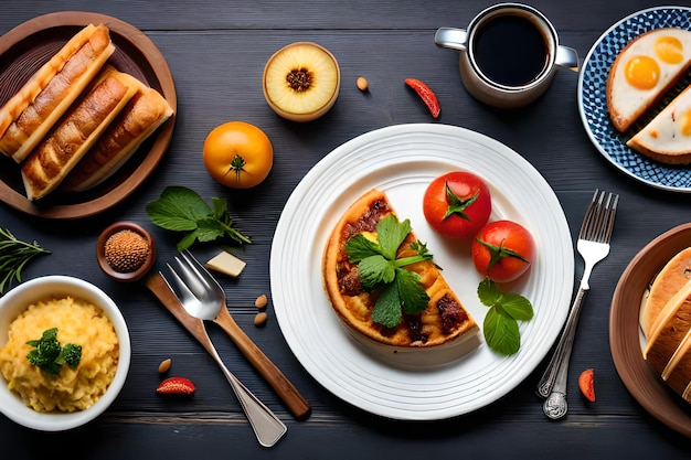 Photo a table with food and a plate of food on it