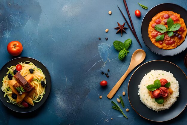 a table with food and a plate of rice with rice and vegetables.