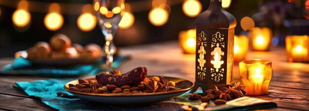 Photo table with food plates and lit candles