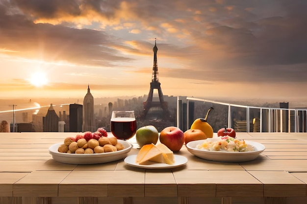 a table with food and a view of the city