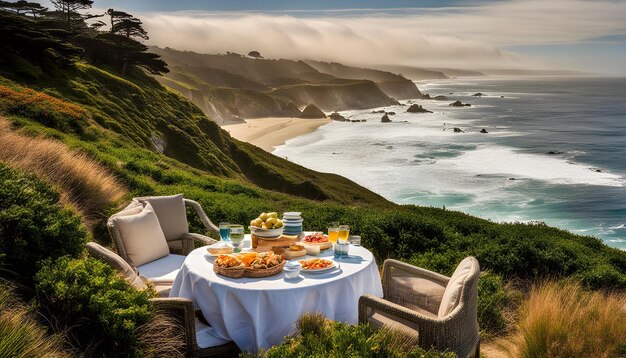 a table with food and a view of the ocean