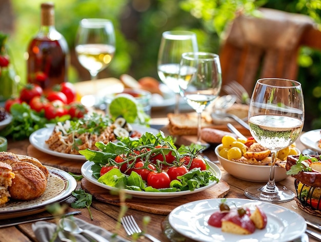 Foto un tavolo con bicchieri di cibo e vino e una bottiglia di vino