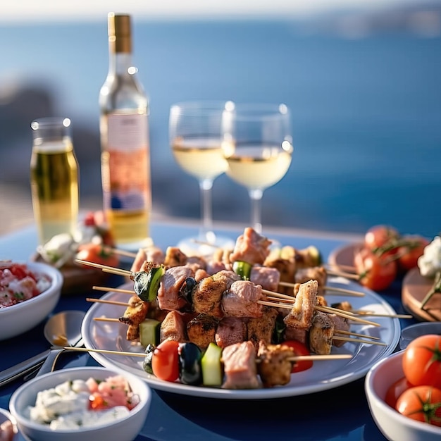 A table with food and wine glasses and a bottle of wine