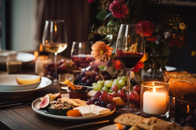 A table with food and wine glasses, grapes, and a candle.