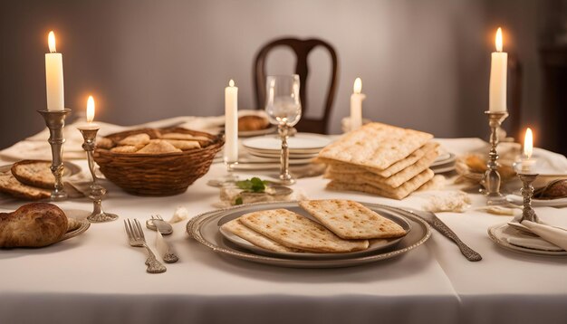 a table with food and wine glasses on it and a plate with bread on it