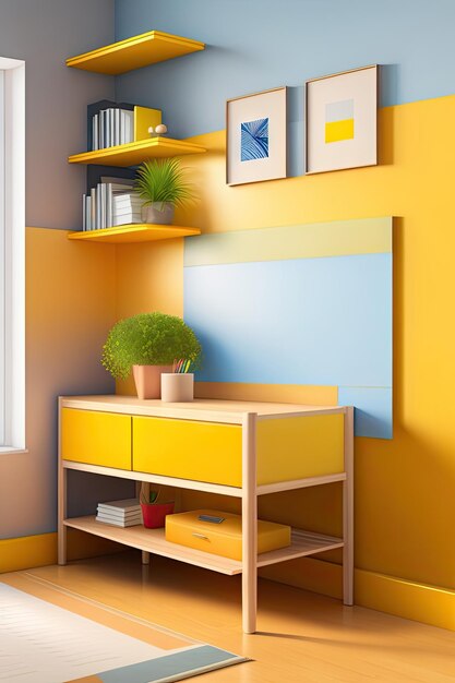 Table with frame school supplies and yellow wall