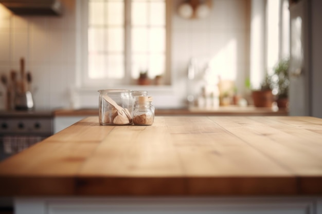 Table with free space for displaying your product and blurred kitchen background Copy space