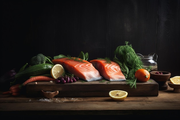 A table with fresh fish and vegetables on it