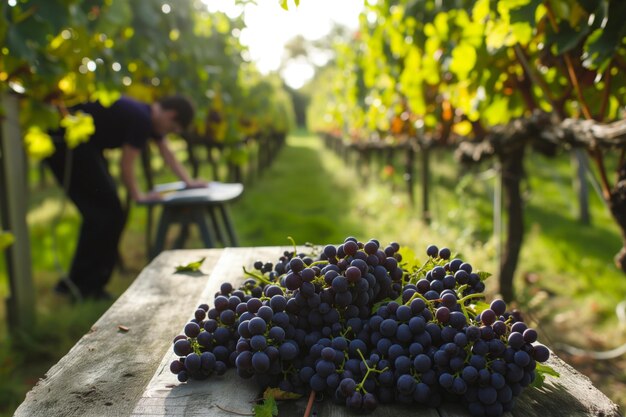 Table with fresh grapes beside person tending to vines