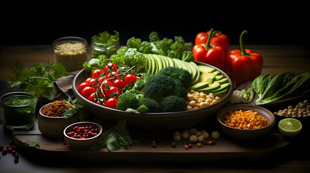 Table with fresh vegetables and vegetarian food Healthy and organic food World vegan day Generative ai