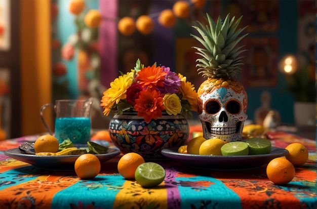 a table with a fruit bowl and a plate of fruit and a glass of juice