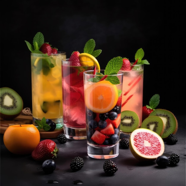 A table with fruit and drinks on it