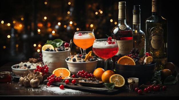 Photo a table with fruit and drinks