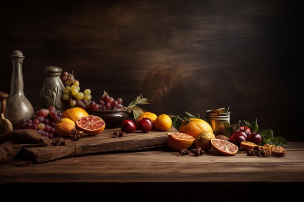 Стол с фруктами и банкой винограда