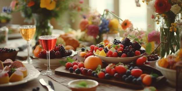 A table with a fruit plate and a glass of wine