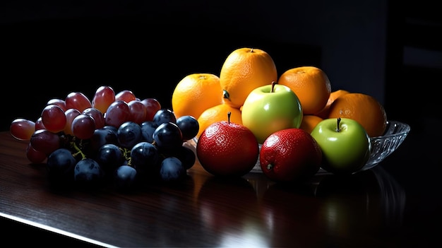 A table with fruit and a red apple