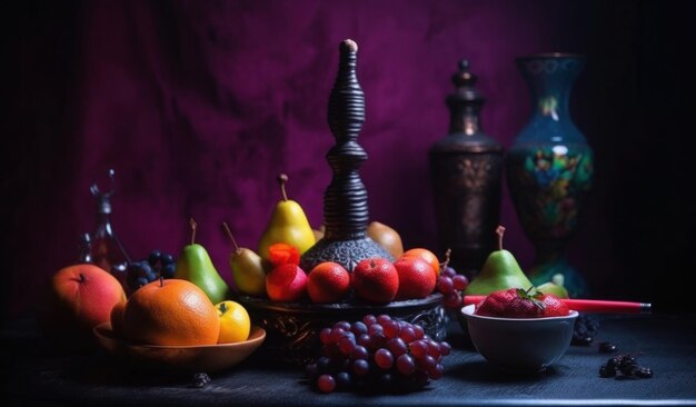 A table with fruit and a vase with the word love on it