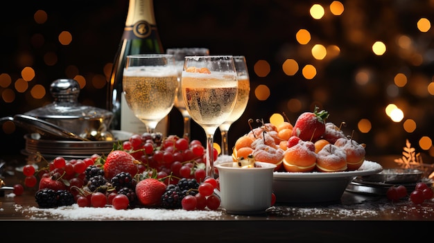 a table with fruit and wine glasses