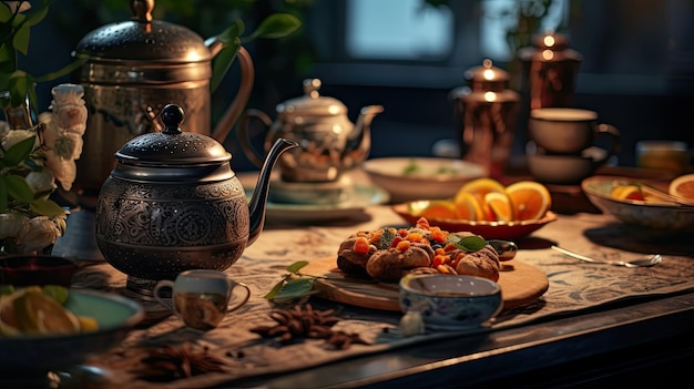 Table With FruitFilled Tea Pot Eid