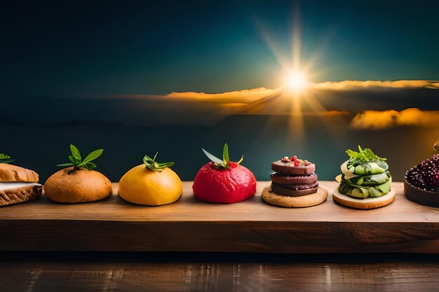 a table with fruits and vegetables on it and the sun behind them