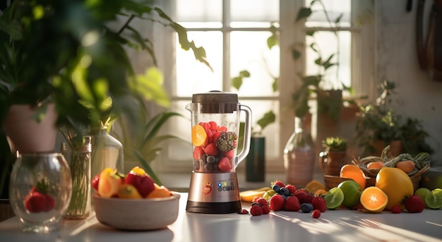 Table with fruits and vegetables with a blender Healthy Eating