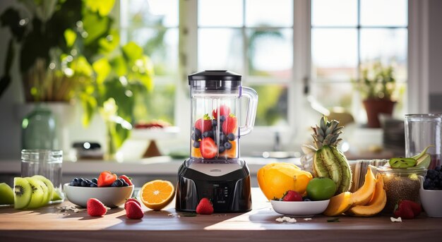 Photo table with fruits and vegetables with a blender healthy eating