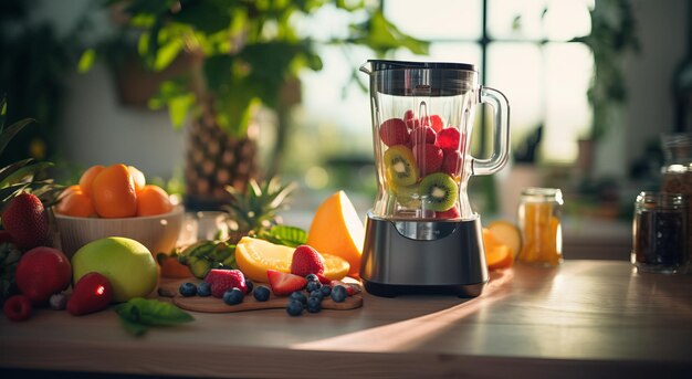 Photo table with fruits and vegetables with a blender healthy eating