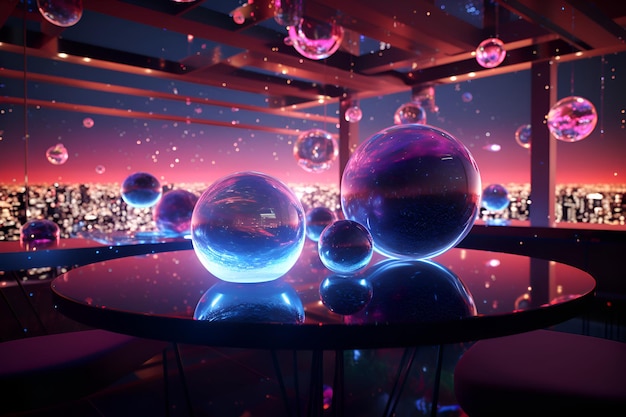 A table with glass balls on it and a city in the background.