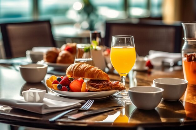 Photo a table with a glass of juice and fruit on it