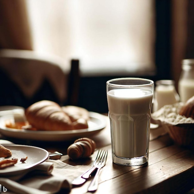테이블에 우유 한 잔과 아침 식사