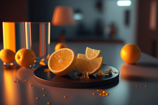 A table with a glass and a plate with lemons on it