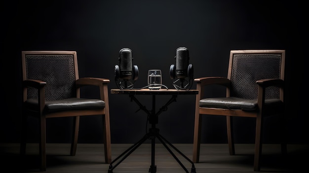 A table with a glass of water and two headset on it