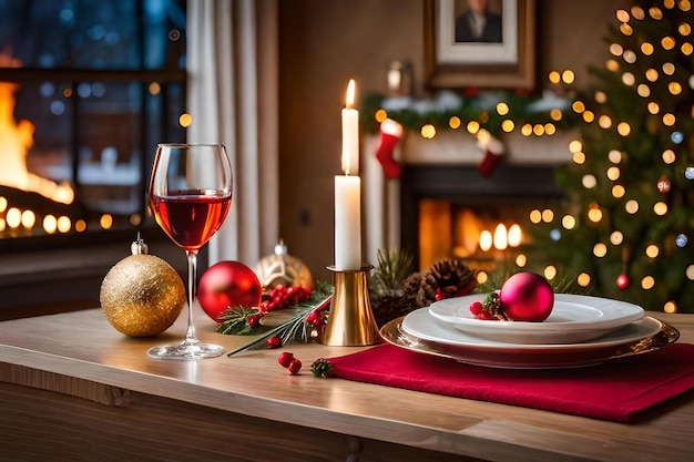 A table with a glass of wine and a candle that says " christmas ".