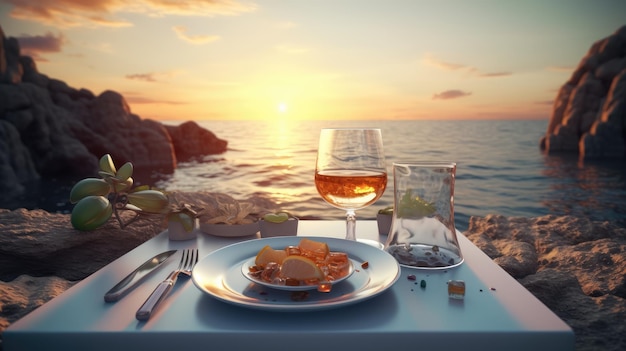 A table with a glass of wine and a glass of wine on it with a sunset in the background.