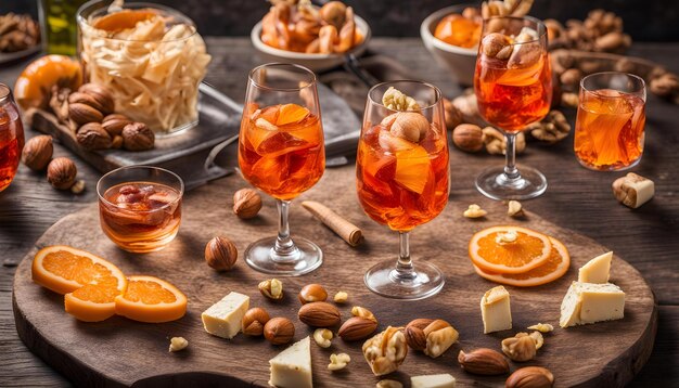 Photo a table with glasses of alcohol and a cheese and nuts on it