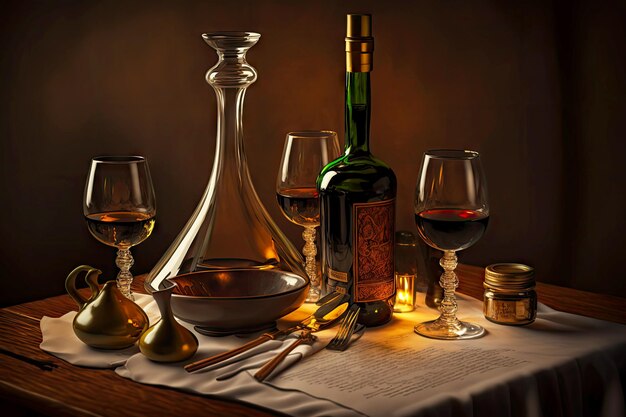 Table with glasses and bottle of alcohol decanter with wine