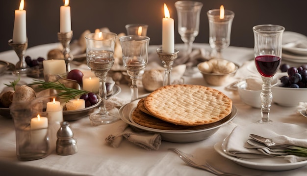 a table with glasses and a candle that says  pie  on it