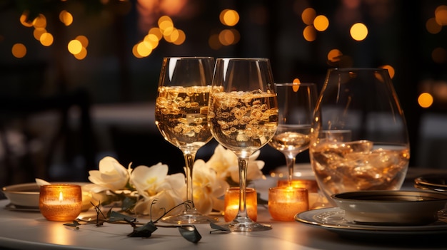 A table with glasses of champagne and flowers