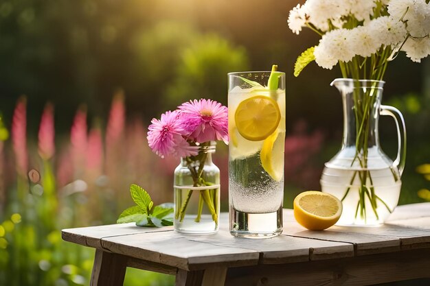 A table with glasses of water, flowers and a bottle of water