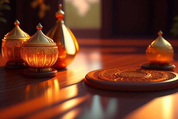 A table with a golden cup and a golden cup on it