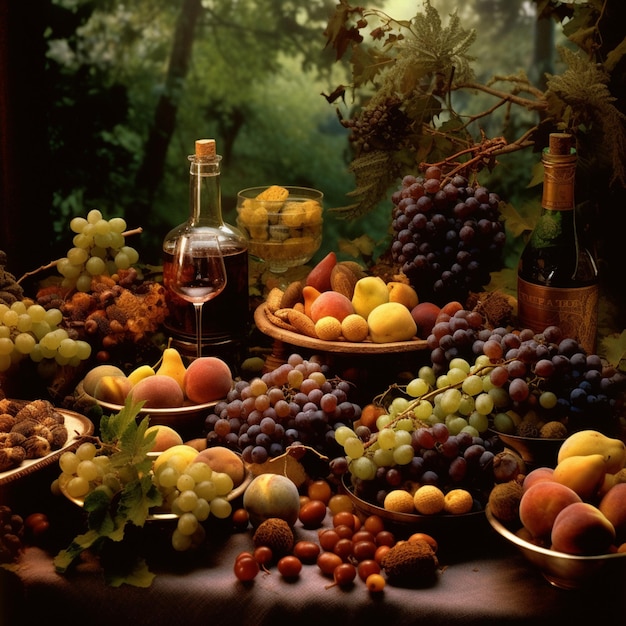 A table with grapes, pears, grapes, and a bottle of wine.