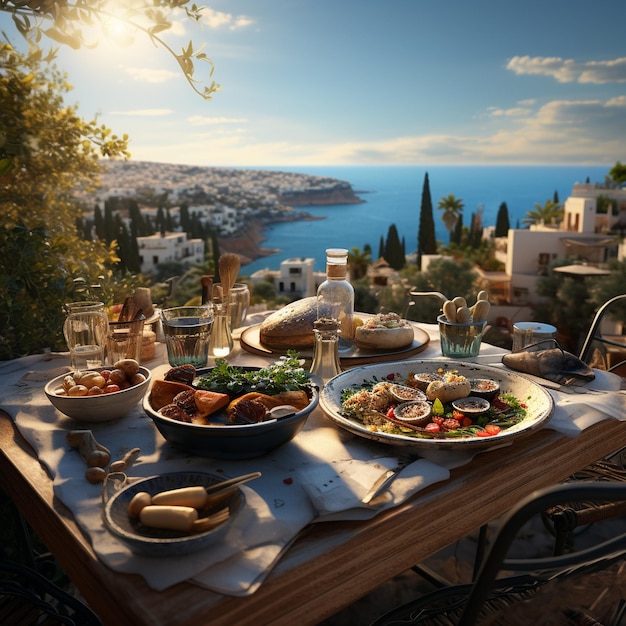 뒷면에 그리스 요리가 있는 테이블 맛있는 음식 휴가