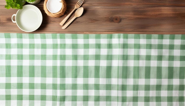 A table with a green and white checkered tablecloth and a bowl with spoons and a bowl of soup