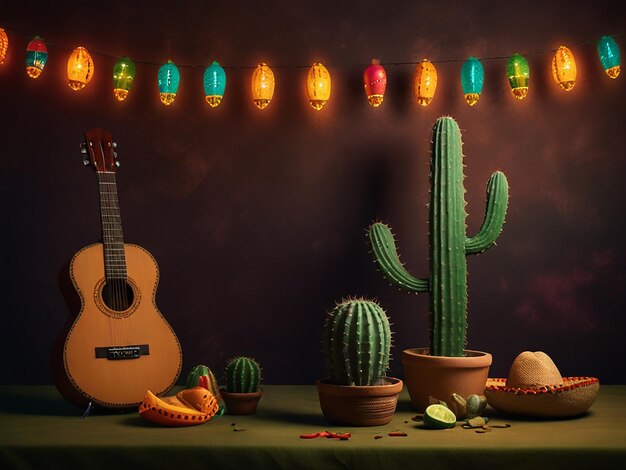 Photo a table with a guitar cactus and cactus