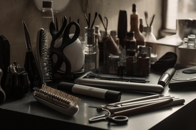 A table with a hairbrush, scissors, and other items on it.