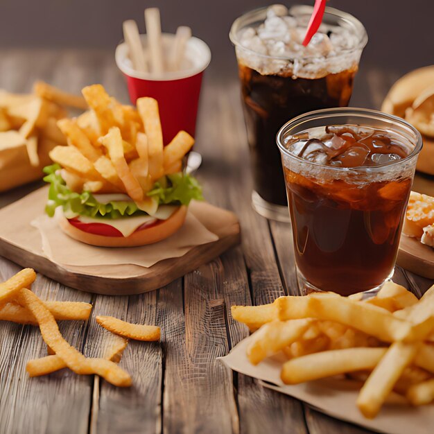 a table with a hamburger french fries and a drink on it