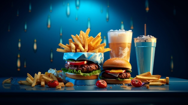 a table with a hamburger, fries, and a drink.