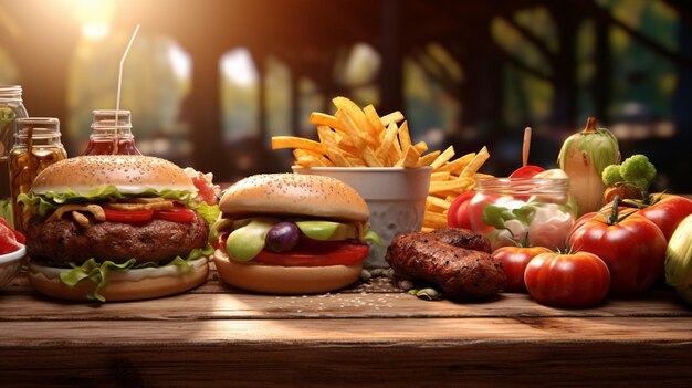 a table with hamburgers fries and a burger with fries